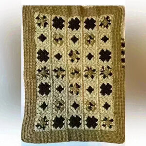 Homemade Crochet Brown/Green/Tan/Rust Blanket 25 1/2” X 36”